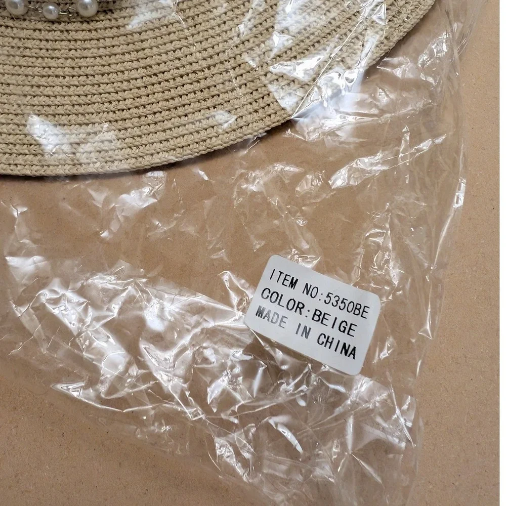 Beige Paper Straw Boater Hat Pearl‎ Trim Chain Strap Summer Beach Bridal Boho